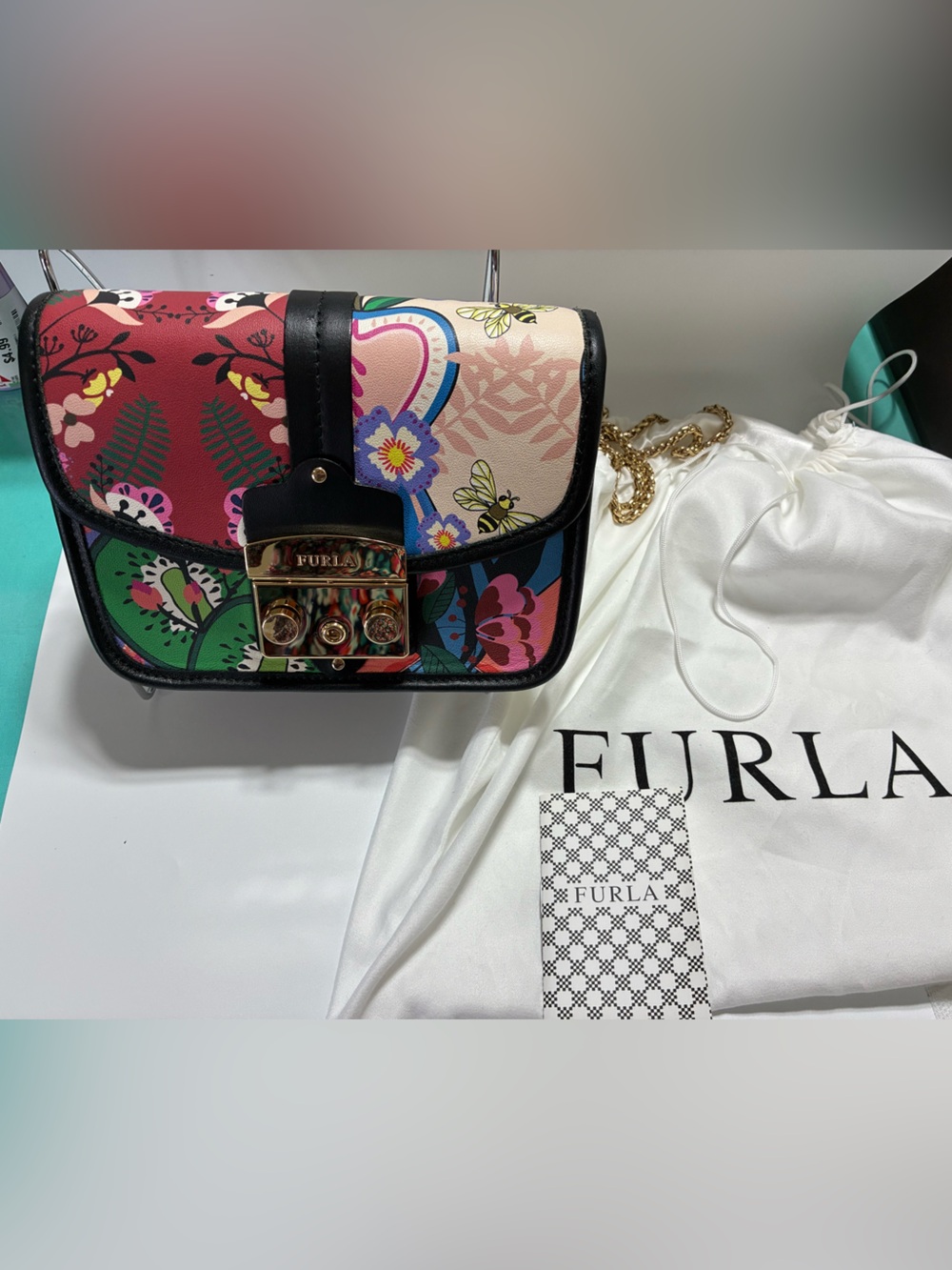 Furla Floral Multicolor Leather Crossbody with Gold Lock
